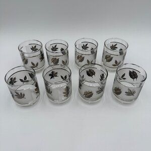 Vintage Libby Silver Leaf Frosted Glass Set of 8 Mid Century Modern Style 3”